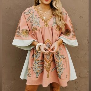 Pink Long Sleeve V Neck Floral boho bohemian Embroidered Dress